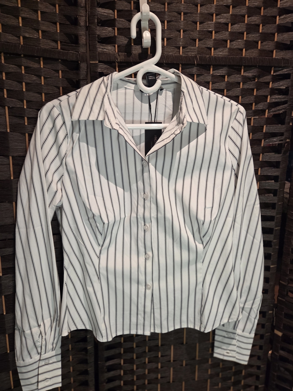 BNWT Women's White Button-Up Shirt with Black Pinstripes